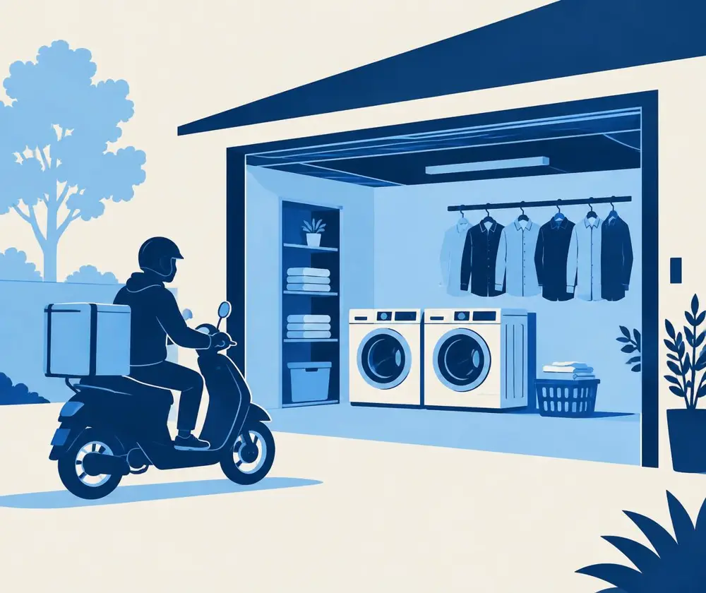 Laundry hub with washers and a delivery rider
