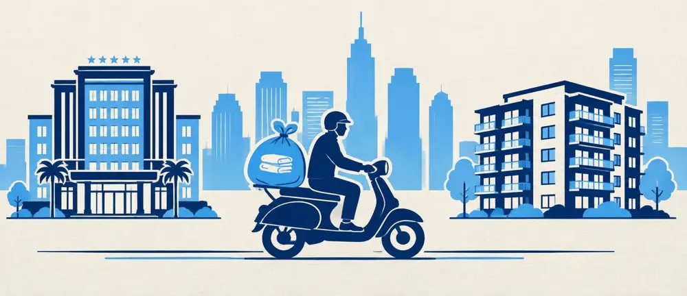 Delivery rider with apartment skyline